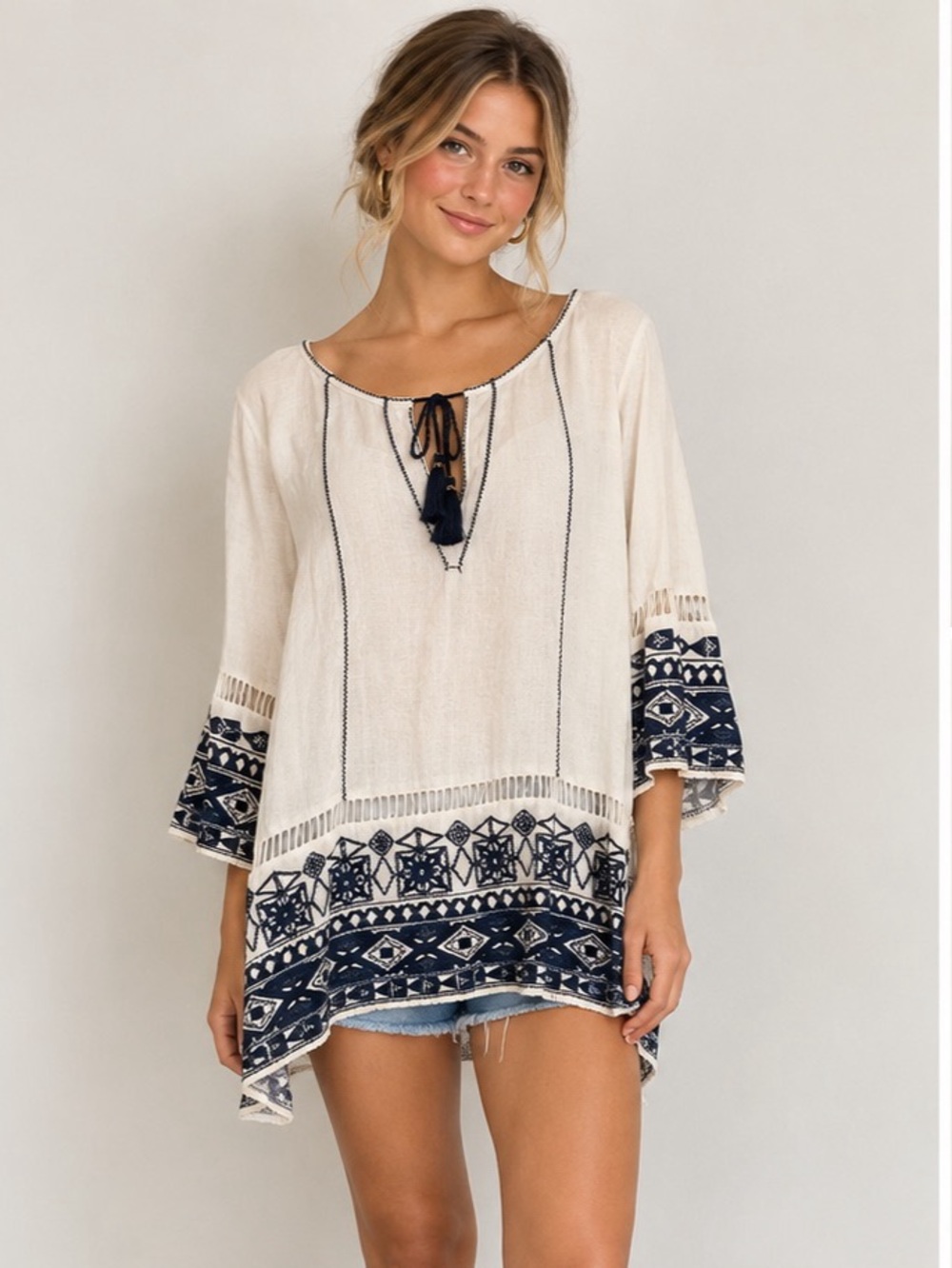 Free People Cotton Noyal Counting Stars Tunic Top Cream Blue XS